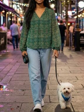 Max Studio Green Boho Print Top L Floral LS Cottage-Core Forest Fairy Spring